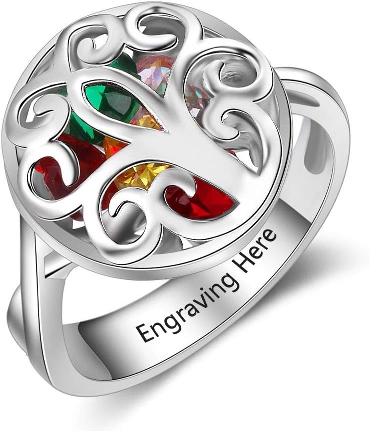 Lam Hub Fong Personalized Mothers Ring Sterling Silver Family Tree Rings for Mom Caged Locket Simulated Birthstone Family Rings for Mom