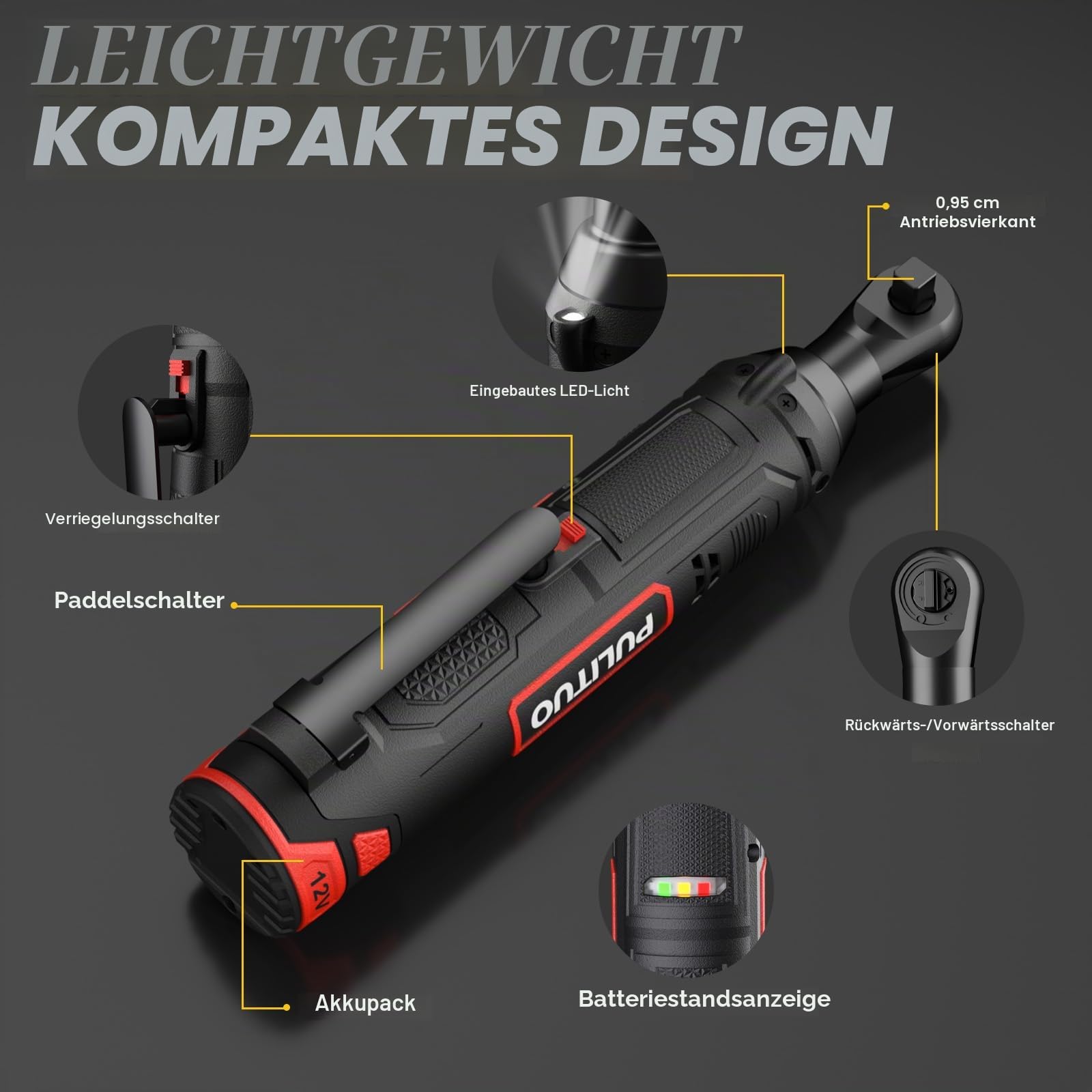 PULITUO Elektrische Ratschenschlüssel Set, 12V Akku Ratschenschlüssel 3/8" mit 2pcs 2000mAh Akkus und Ladegerät, 50N.m, 10 Steckdosen und LED-Licht
