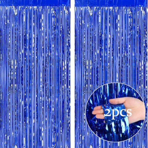 2pcs 3.2ft x 6.5ft Foil Fringe Curtain Door Curtains, Metallic Tinsel Curtains Streamers for Birthday Graduation Wedding Engagement Bridal Shower Bachelorette Holiday Party Decoration (Dark Blue)