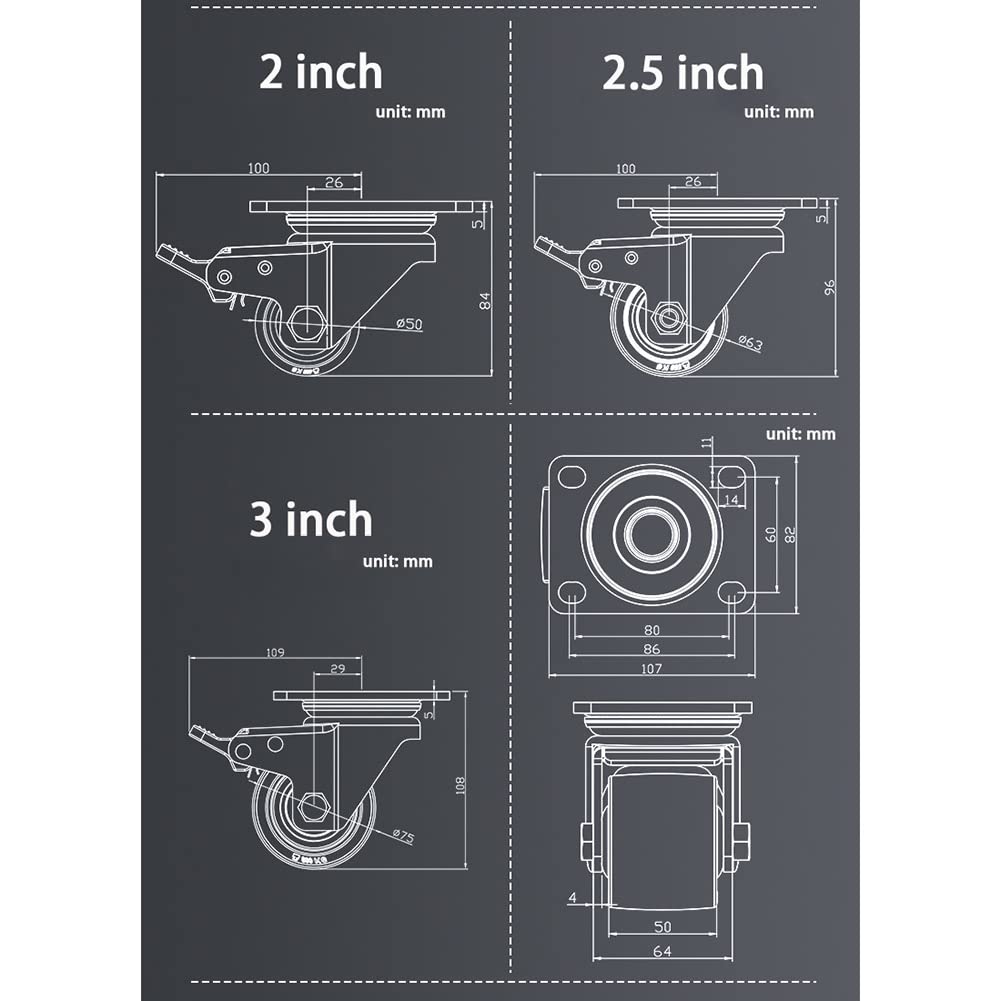 Ruedas giratorias de Alta Resistencia de 75 mm (3 Pulgadas), de Nailon, con Freno, Doble rodamiento, universales para Transporte, Capacidad de 1200 a 1800 kg Muebles y Equipo