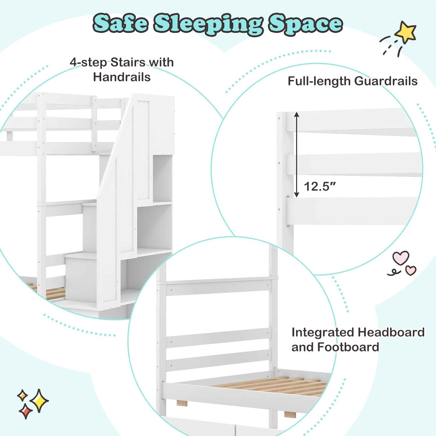 Diagram showing bunk bed safety features including 12.5 inch full-length guardrails and 4-step stairs with handrails.