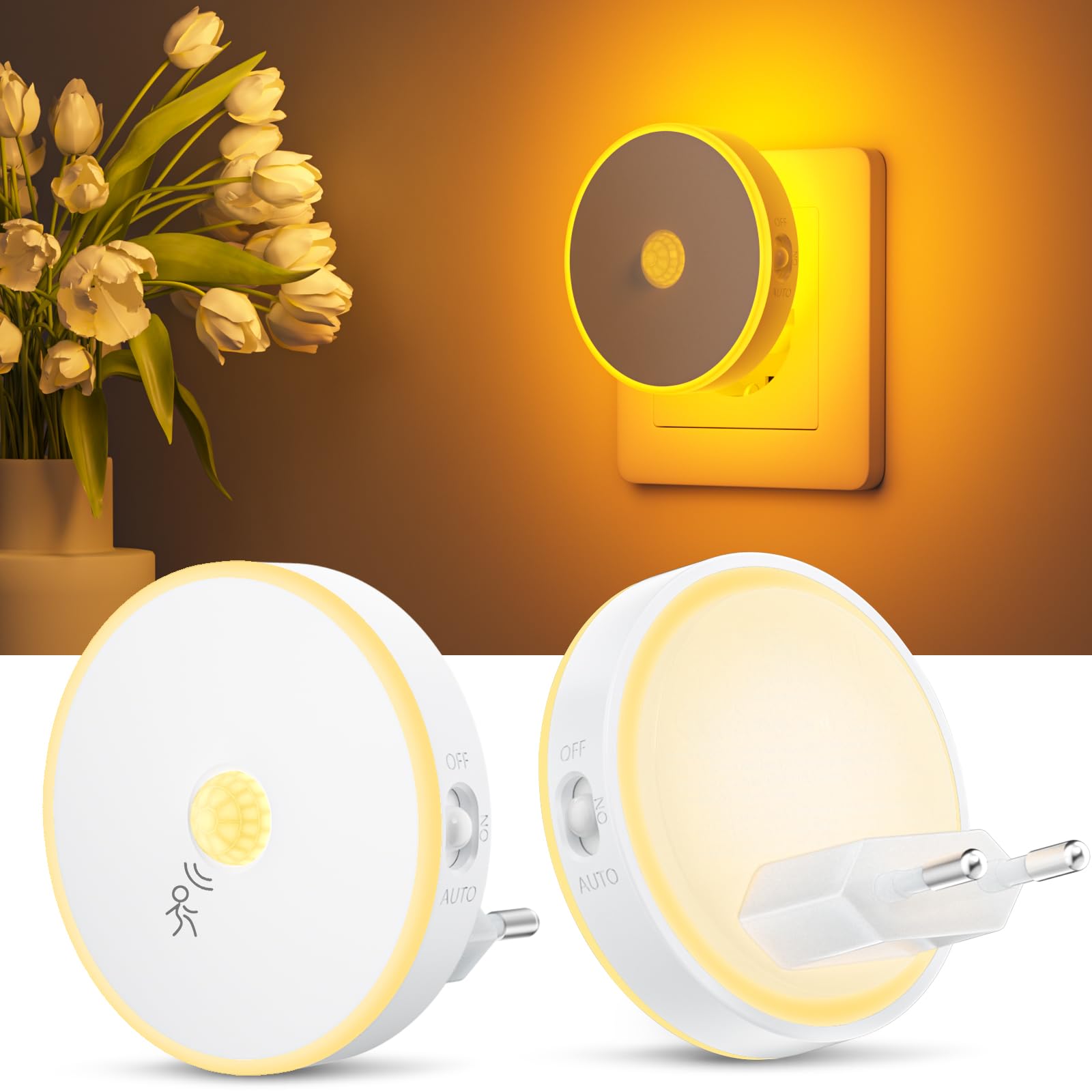 Luce Notturna Bambini Luci con Sensore di Movimento Luce Ambrata 2 Pezzi | Luce Notturna Bambini con Retroilluminazione AUTO/ON/OFF, Luminosità Regolabili, per Cameretta, Corridoio, Bagno e Cucina