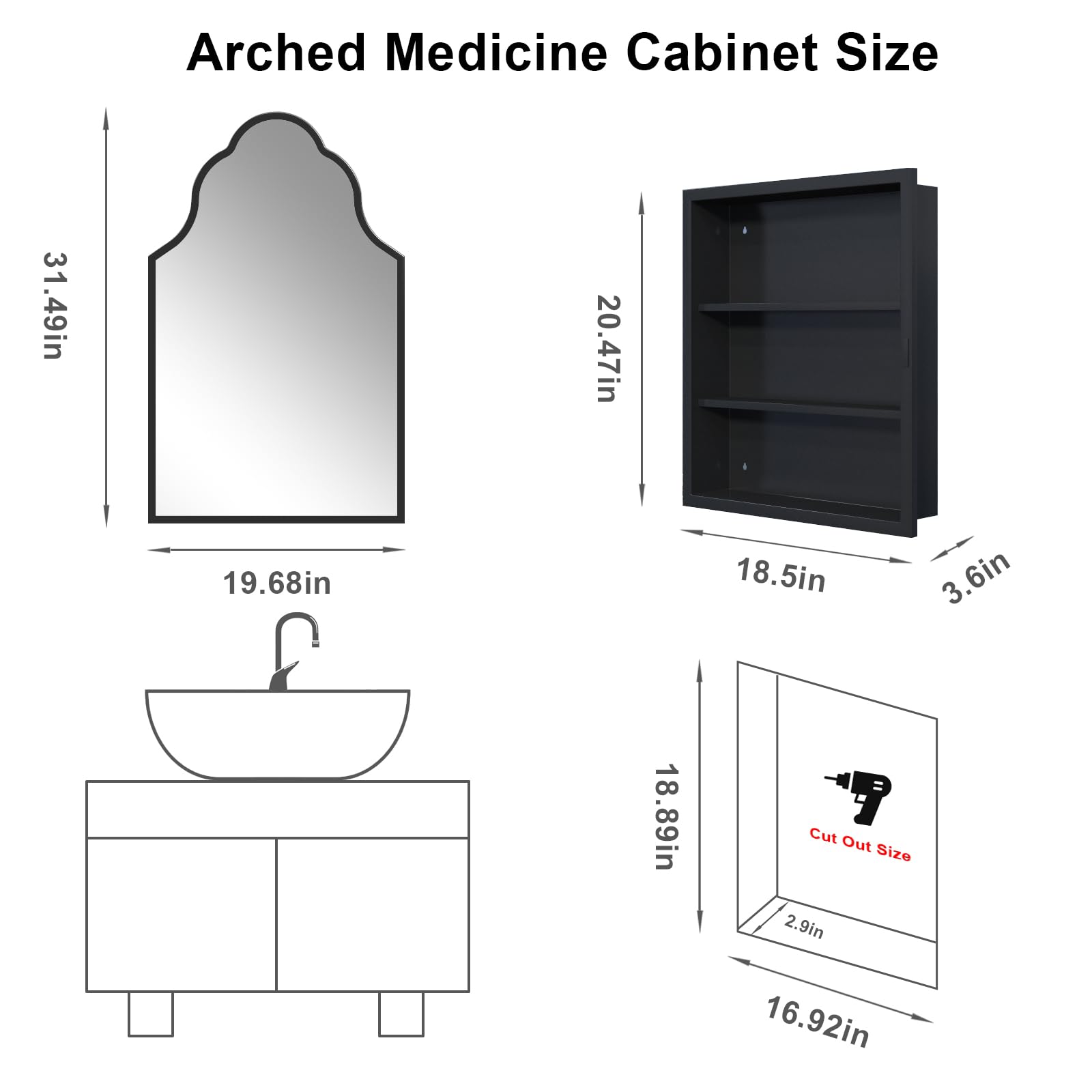 viechanro Black Medicine Cabinet with Mirror, 20x32 Inch Recessed or Surface Mount Medicine Cabinet for Bathroom with 2 Metal Shelves, Full Metal, Modern Arched Mirror with Storage, Easy Installation