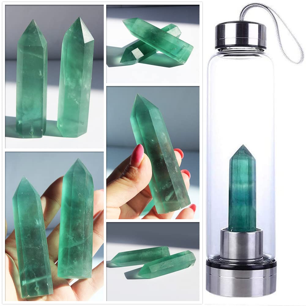 Tyuodna Bouteille d'eau en cristal de quartz naturel amovible Bouteille d'eau en verre de quartz naturel Bouteille d'eau de guérison en quartz naturel Portable Antifuite 550 ml (fluorite