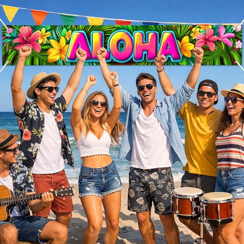 Image of HOMETITUTE Aloha Banner Luau Decorations 118 x 20 Inch Hawaiian Banner Tropical Hello Summer Backdrop Aloha Sign for Pool Party Backyard Summer Beach Tiki Bar Outdoor Photo Booth