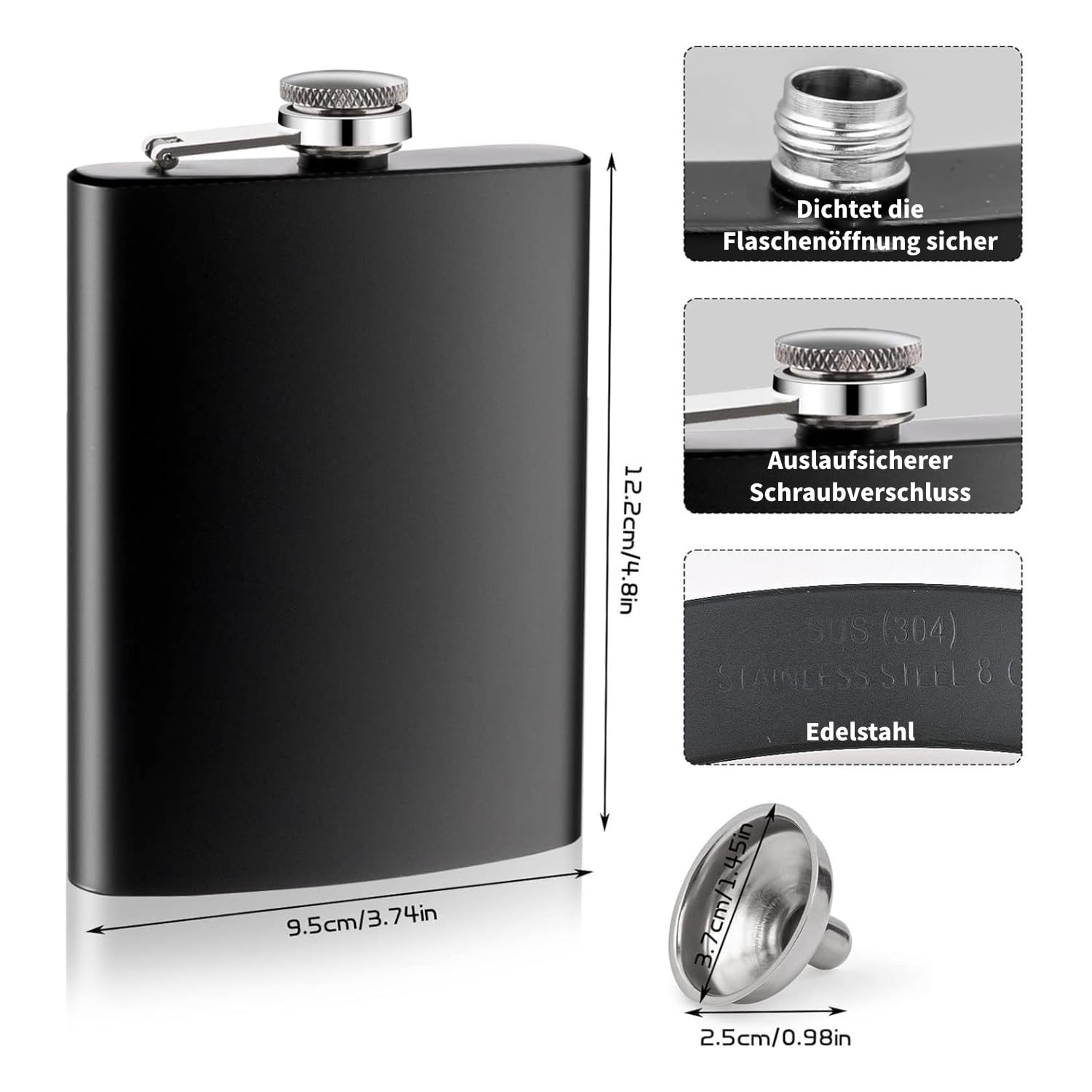 12 Stück Edelstahl Flachmann für Männer, 8 oz/ 220 ml Tragbarer Taschenflachmann, Edelstahl Auslaufsicherer Flachmann mit Trichter, Matt Schwarzer Schnapsflachmann für Frauen, Camping, Wandern