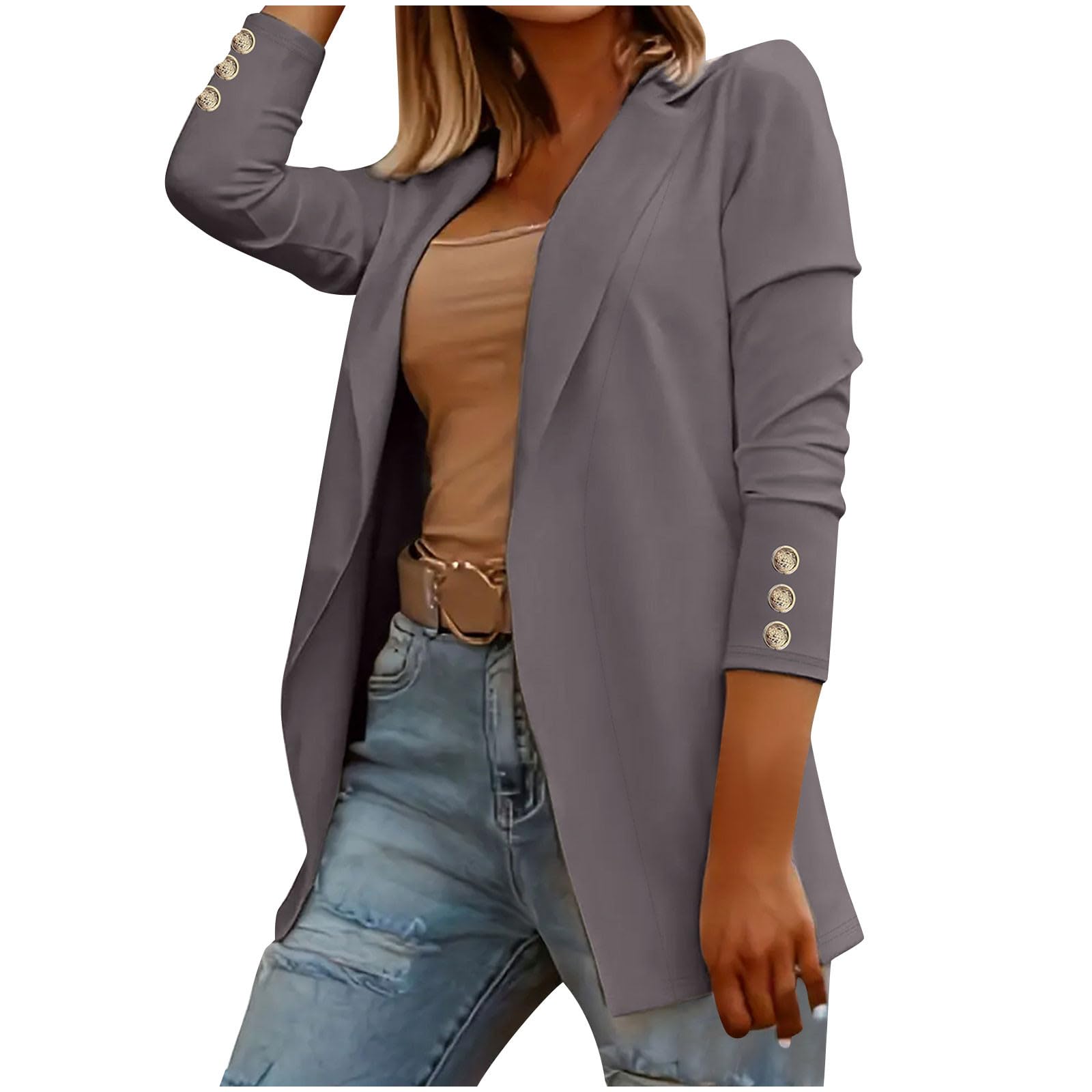 Womens Open Front Blazer Jacket Lightweight Long Sleeve Casual Blazer with Gold Button Sleeves Slim Fit Work Clothes