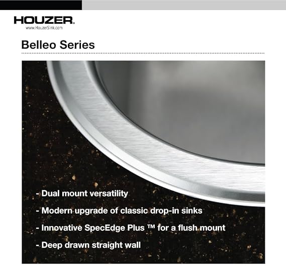 Houzer Belleo Stainless Steel Kitchen Sink - 27 Inch Drop-In Topmount Single Bowl Kitchen Sink with Strainer & Grid, Durable & Versatile, Essential for Home & Apartment - BSS-2700