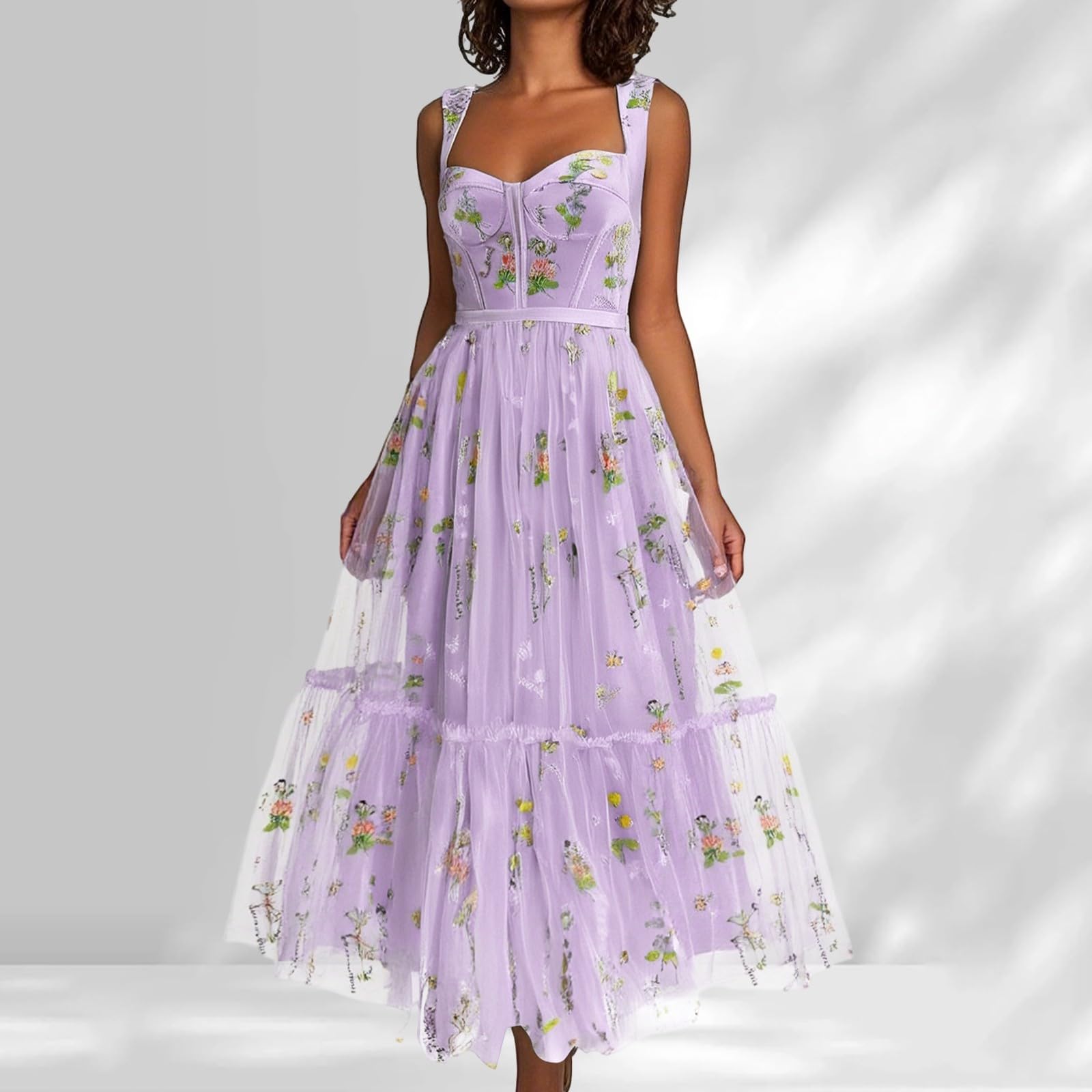 Generisch Abito da donna con ricamo floreale in tulle, corsetto, spalline sottili, abito da sposa, abito da sera formale, abito da festa, abito da cocktail, abito da damigella d'onore