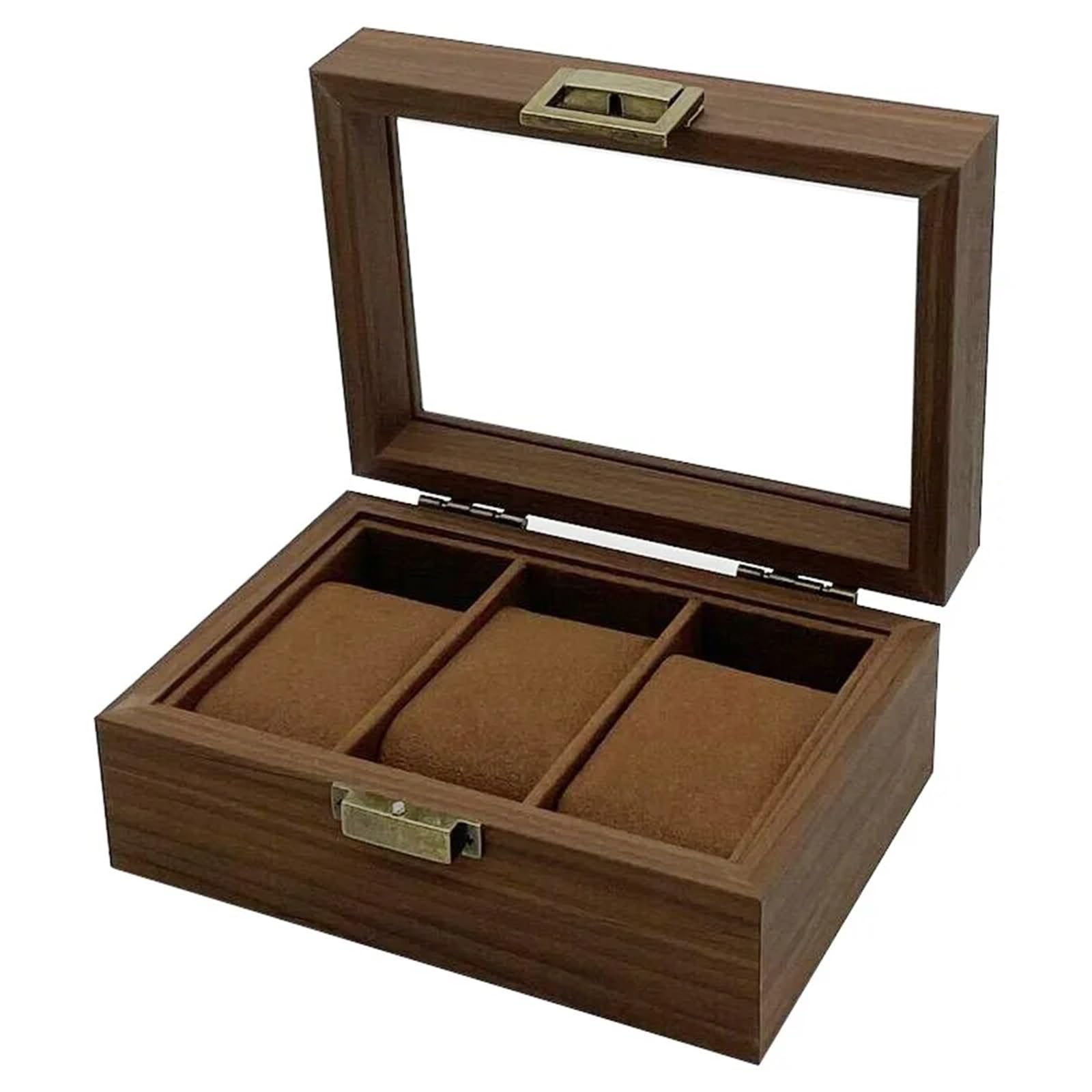 SHENJMAI Watch Box 3 Slot Retro Dark Walnut Color Wooden Watch Display Box with Brown Velvet Interior