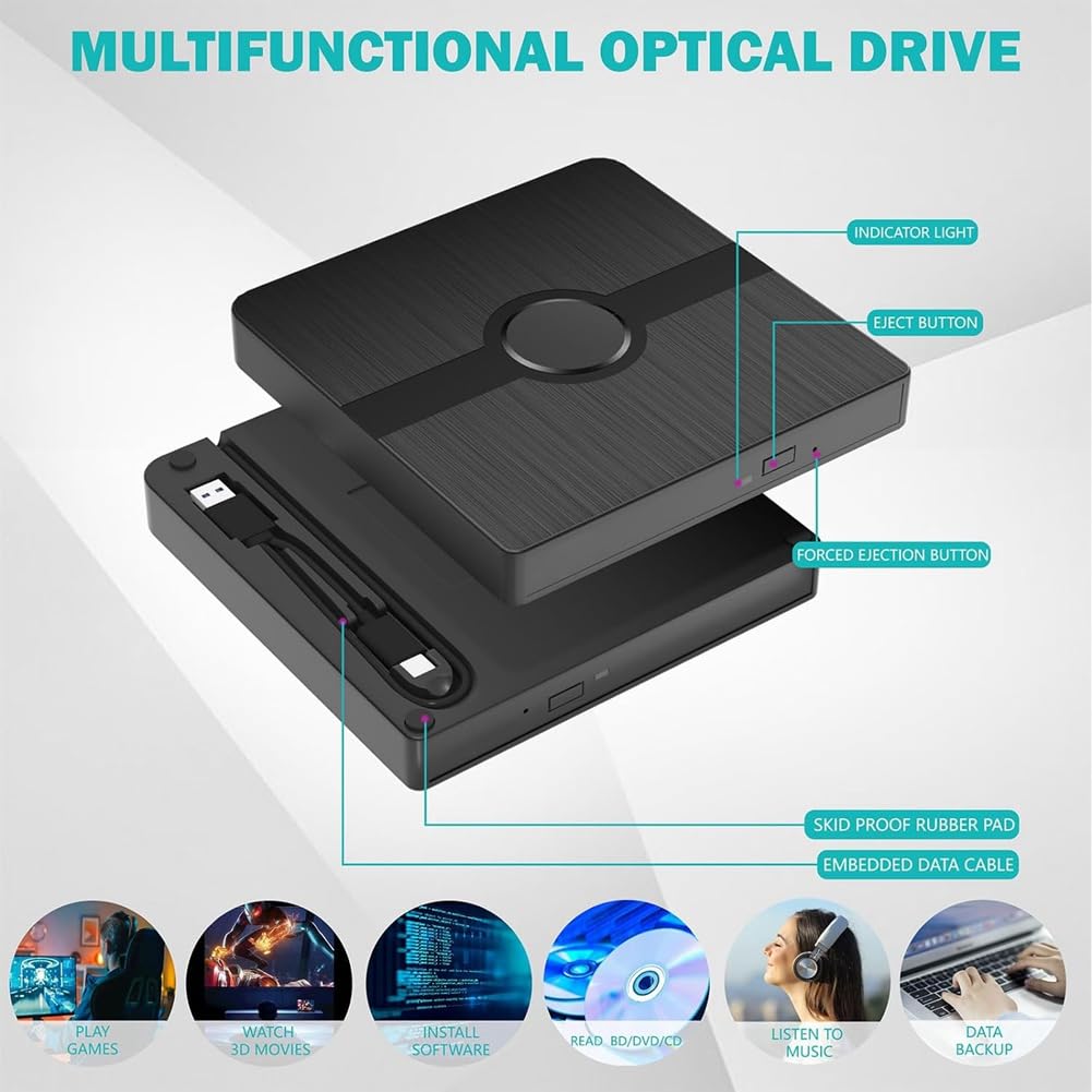 Unidad Blu Ray externa, reproductor de CD/DVD con capacidad de lectura/escritura, reproductor Blu-Ray portátil para PC portátil Win10