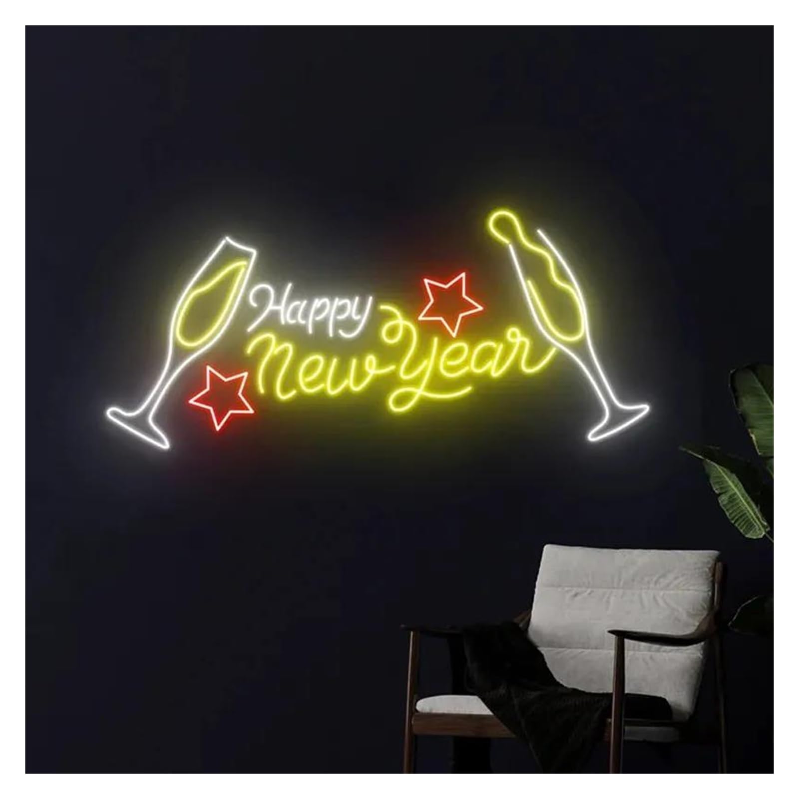 Wiszące neony artystyczne Neonowa Tablica Happy New Year, Neonowe Światło Z Napisem Champagne Cheer, Dekoracja Pokoju Na Święta 55cm