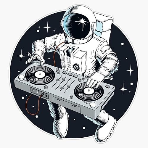Calcomanía de vinilo para parachoques de astronauta DJ con plato giratorio, 5 pulgadas