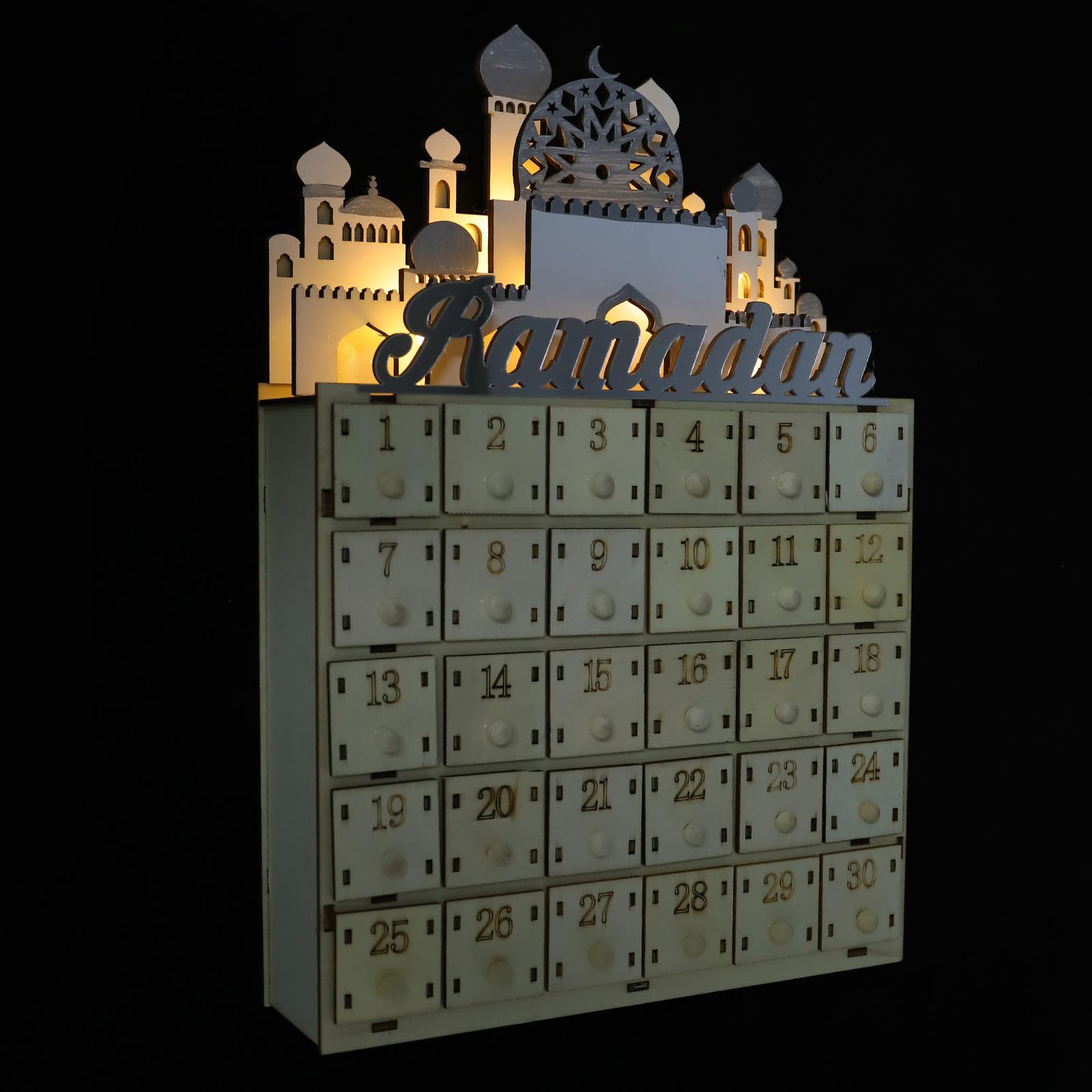 STOBAZA Islamischer Adventskalender mit 30 Kleiner Schubladen und LED Beleuchtung Ramadan Countdown Dekoration für Wohnzimmer und Schlafzimmer zur Familienbindung