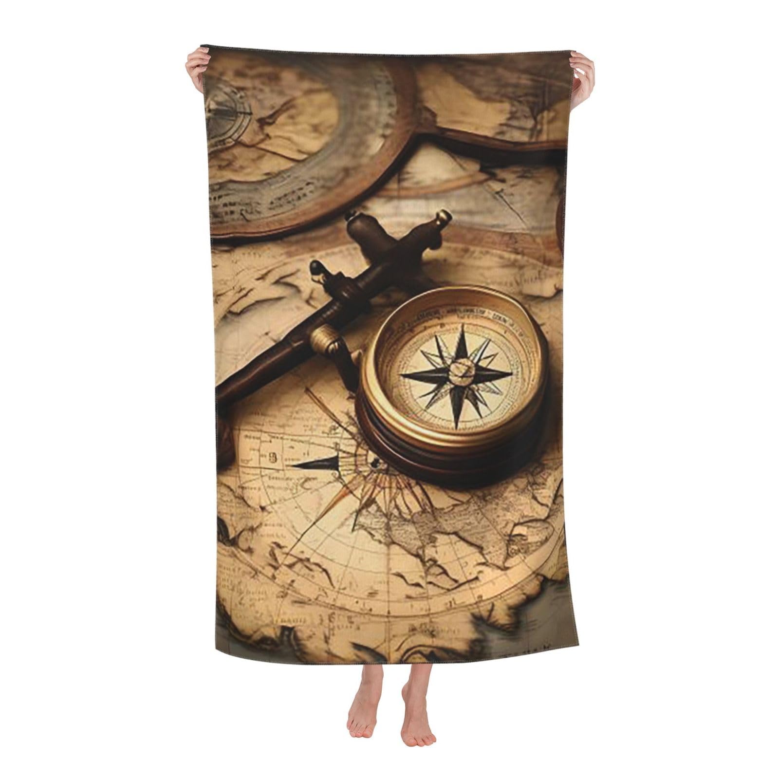 FodPand Compass and Old World Map Beach Towel Oversized 52 x 32 in Sand Free Pool Swim Towels for Adult Travel Blanket Lightweight Quick Dry Absorbent Bath Towels Cruise Vacation Accessories