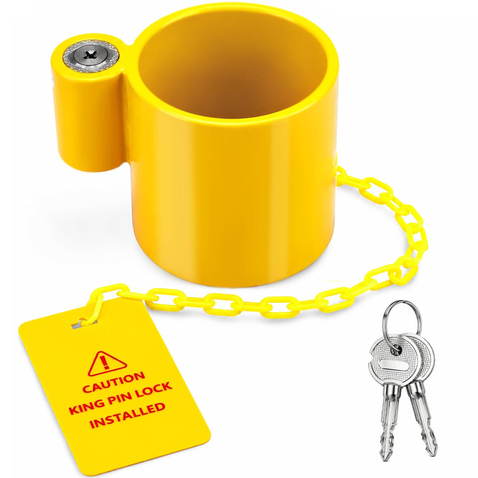 BYERN AUTO - Cerradura antirrobo para quinta rueda, acero sólido y resistente con etiqueta de advertencia y 2 llaves para caravanas, remolques de contenedores y campistas, extremadamente duradero