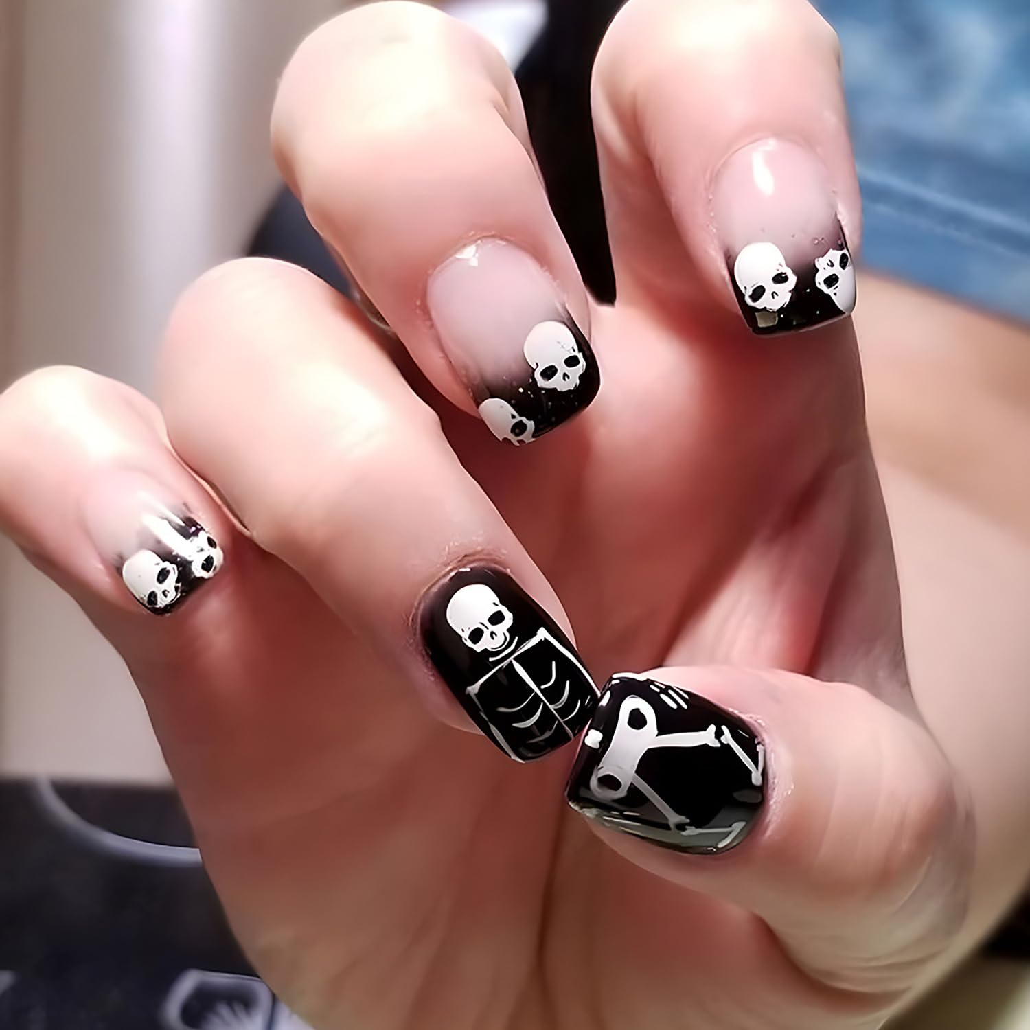Short Halloween Press on Nails Black Fake Nails French Tip False Nails with Skeleton Designs Cute Fake Nails Full Cover Stick on Nails for Women