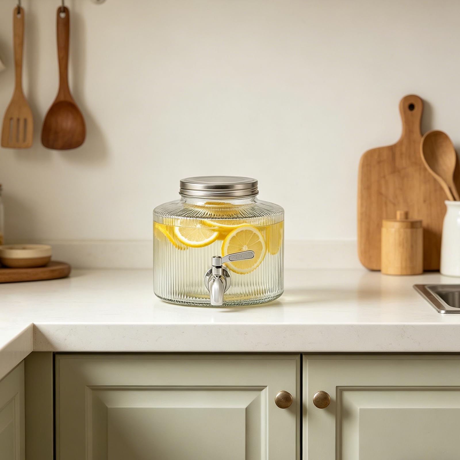Dispenser di bevande in vetro da 2,5 l con rubinetto in acciaio inox, adatto per frigorifero, erogatore di acqua con rubinetto per limonata, tè freddo sangria, contenitore in vetro con coperchio