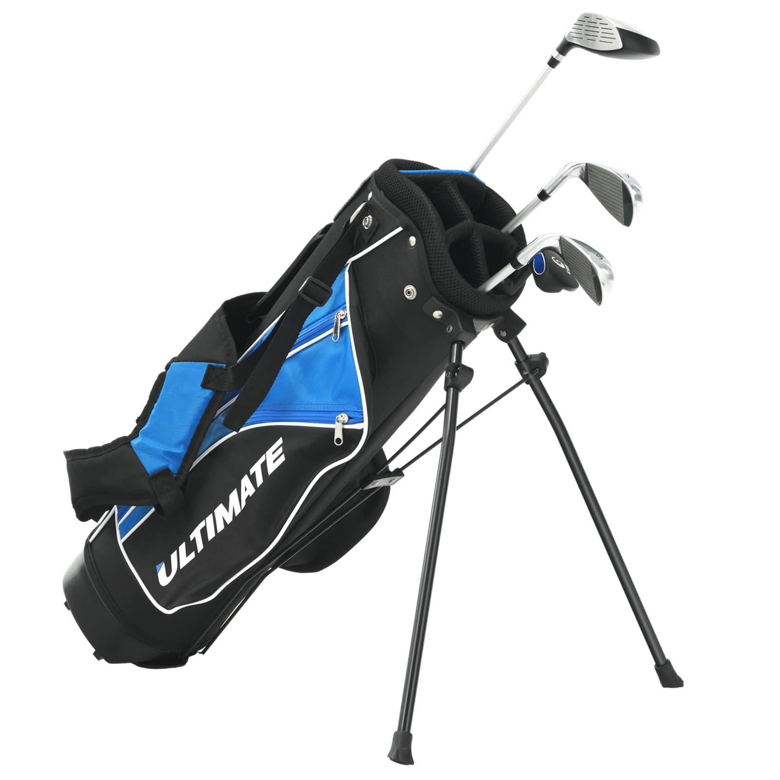 ULTIMATE Kids Golf Clubs Set with Stand Bag, Junior Complete Golf Club Set Right Hand w/ 205cc #3 Fairway Wood, #7 & #9 Irons, Putter, Foamed Head Cover & Rain Hood (Blue, Ages 8-10)