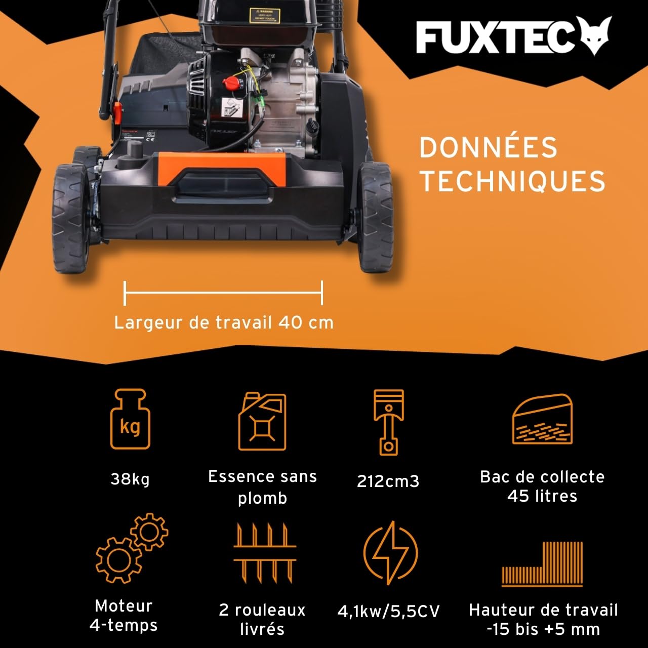 FUXTEC Scarificateur Aérateur Thermique 3en1 FX-BV240 Moteur 4 Temps 4,1kW Rouleau 18 Lames et 24 Griffes à Ressort Poignée de Transport et bac de ramassage de 45L