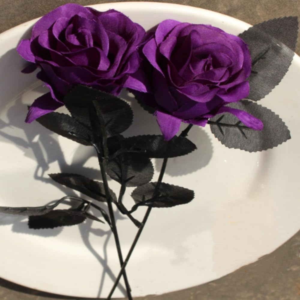 OUKEYI Artificial Rose Flower,10 Non Fading Single Stem False Silk Flower Roses, Realistic Blossom Flora for DIY Home Decoration Bridal Wedding Bouquet Halloween Decoration (Purple)