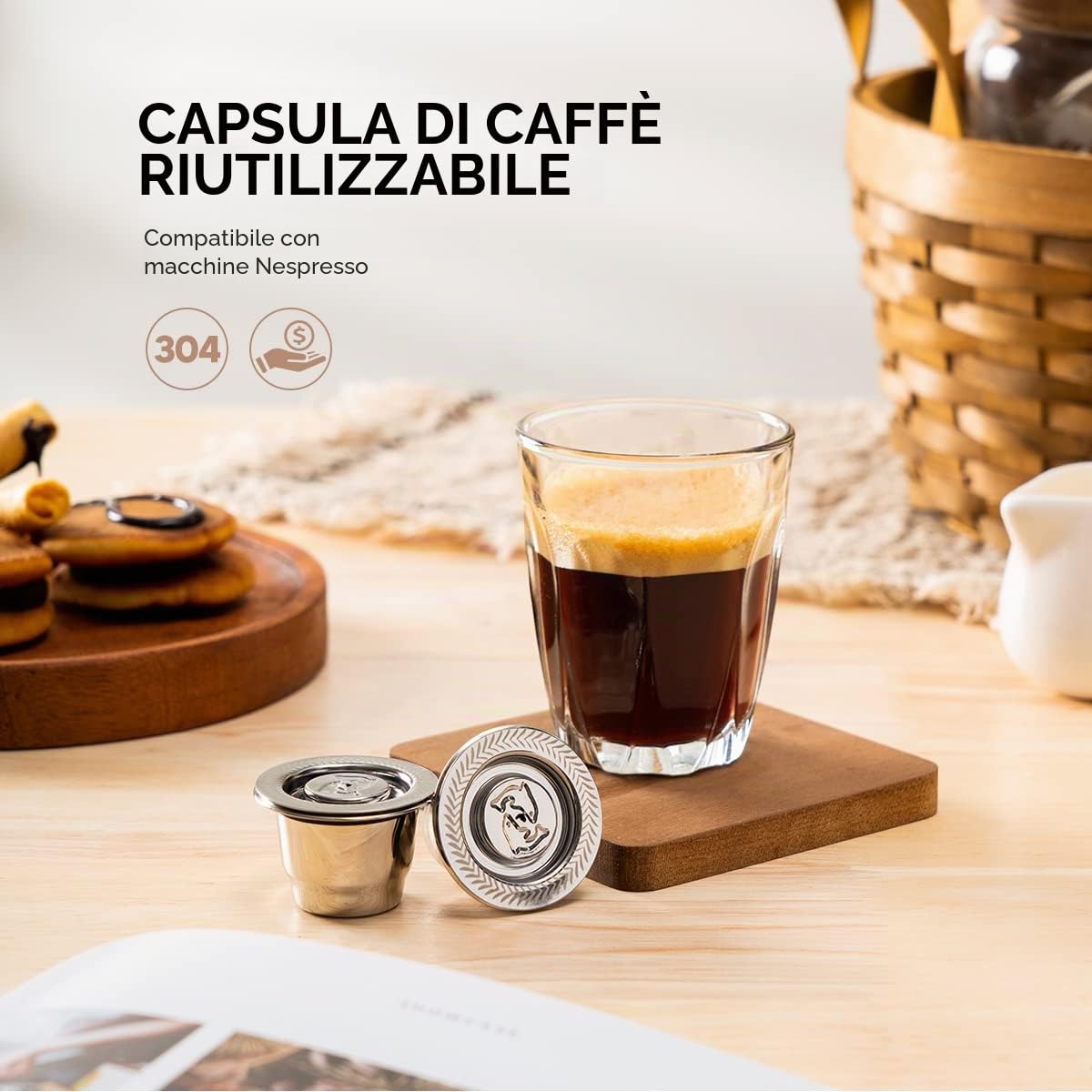 Capsule riutilizzabili Nespresso in acciaio inox, 2 cialde ricaricabili per macchine originali Nespresso + 1 manomissione + 1 cucchiaio + 1 pennello