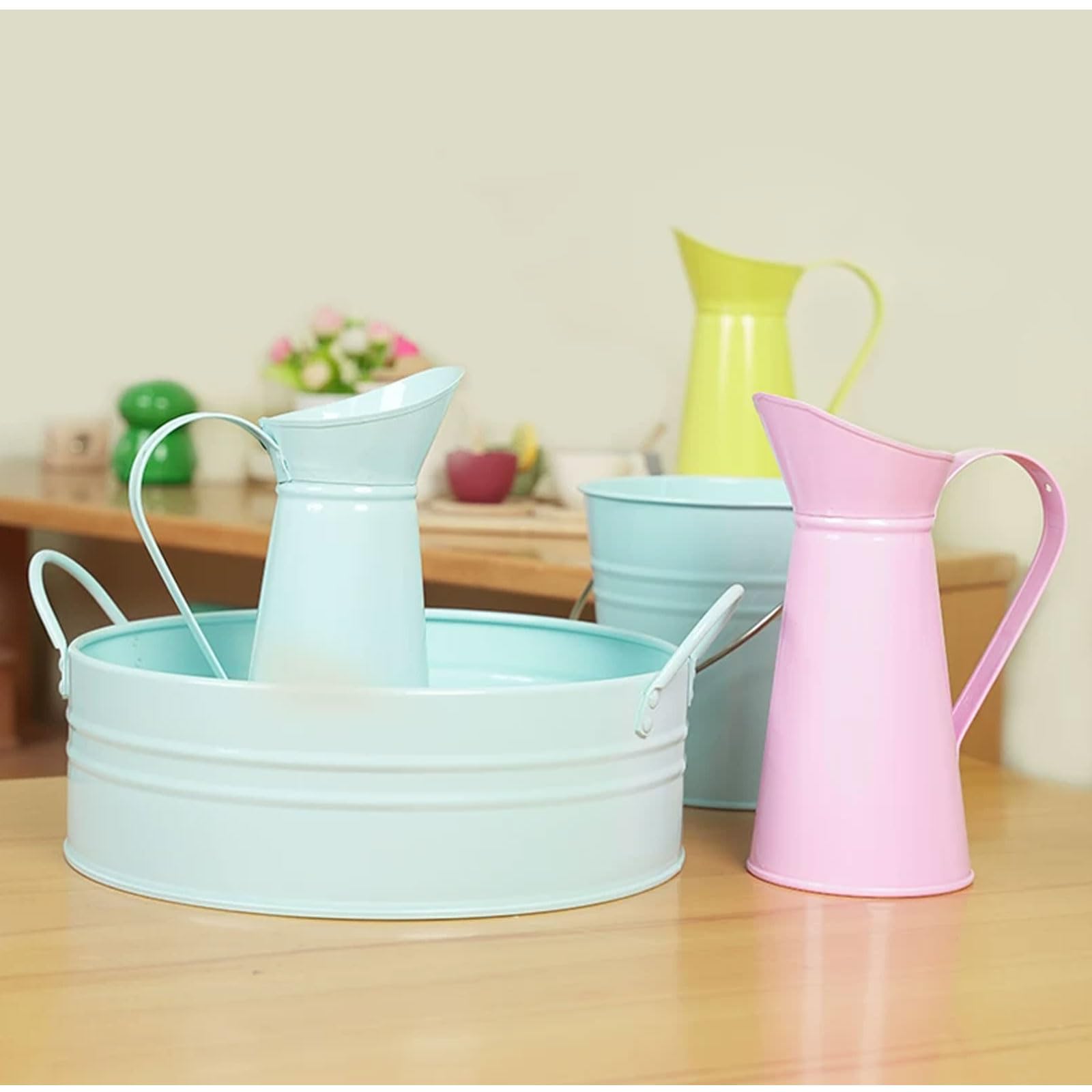 Set di Lavoro per Lavaggio Montessori, Bacinella in Metallo, Secchio e Set di Brocca, Giocattolo Sensoriale di Vita Pratica per Bambini,Blu