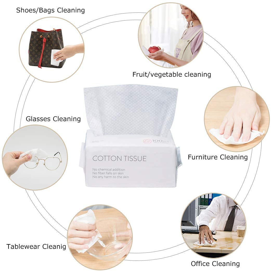 Lot de 100 serviettes jetables en tissu, lingettes sèches en pur coton, serviettes en coton multi-usages pour les soins de la peau