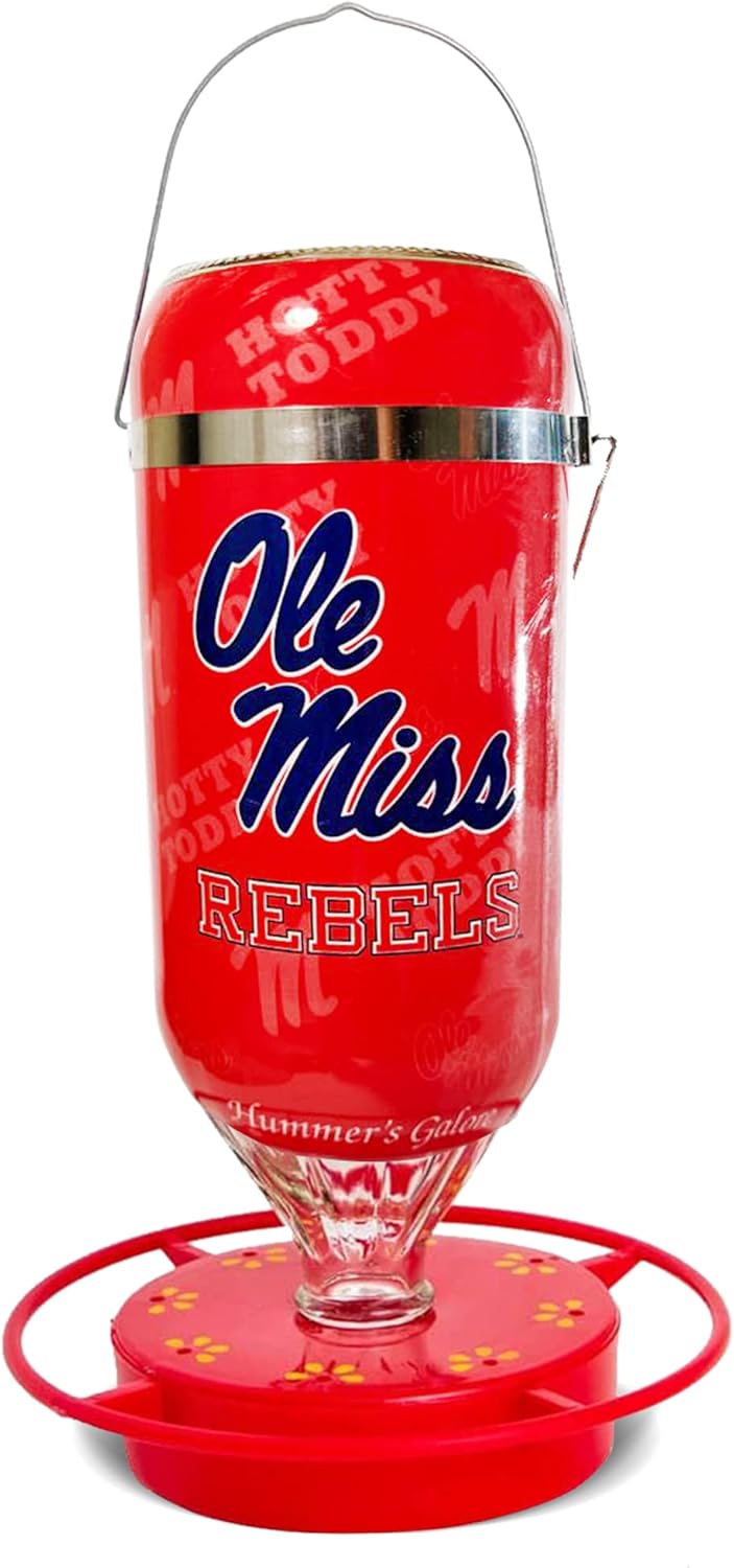 Hummer's Galore, NCAA College Football Hummingbird Feeder, Glass Hummingbird Feeder with UV Resistant Plastic Wrap for Outdoors Hanging, 32 oz, (Ole Miss)
