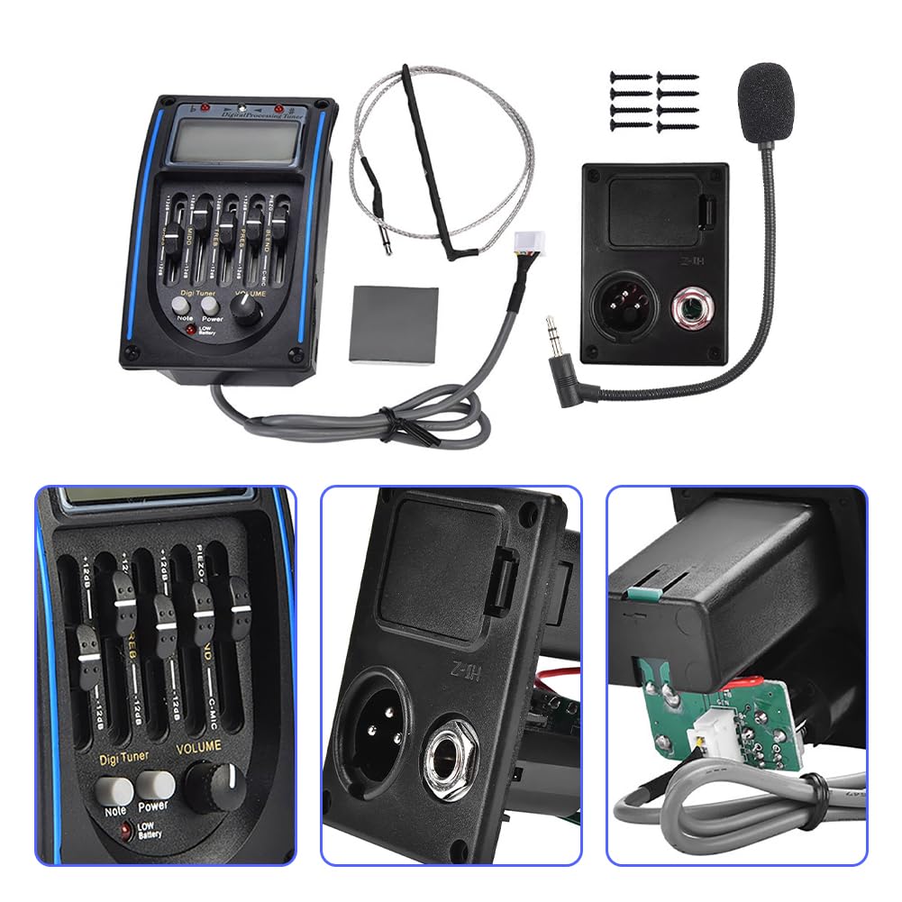 Guitar Pickup Equalizer, Préampli Guitare Acoustique Piezo Micro Digital 5 Bandes Tuner Avec écran LCD Classique Replacement Acouique EQ Accordeur Piézo-électrique égaliseur D'égaliseur L'affichage