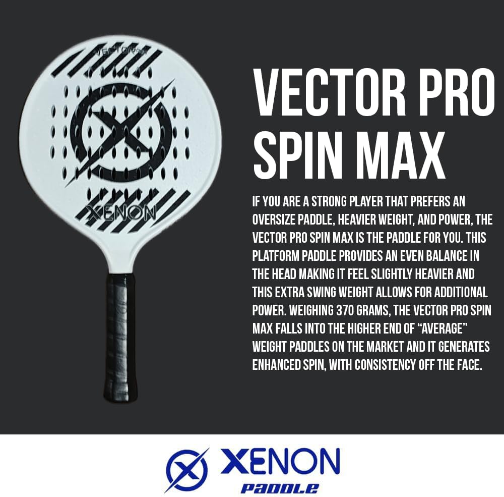 Vector Pro Spin Max Platform Tennis Paddle by Xenon Paddle, Oversize Head, Even Balance Point, Head Weighted, Medium Firmness Foam Core, Handle Weighted, Power and Control, 4.25” Grip, white