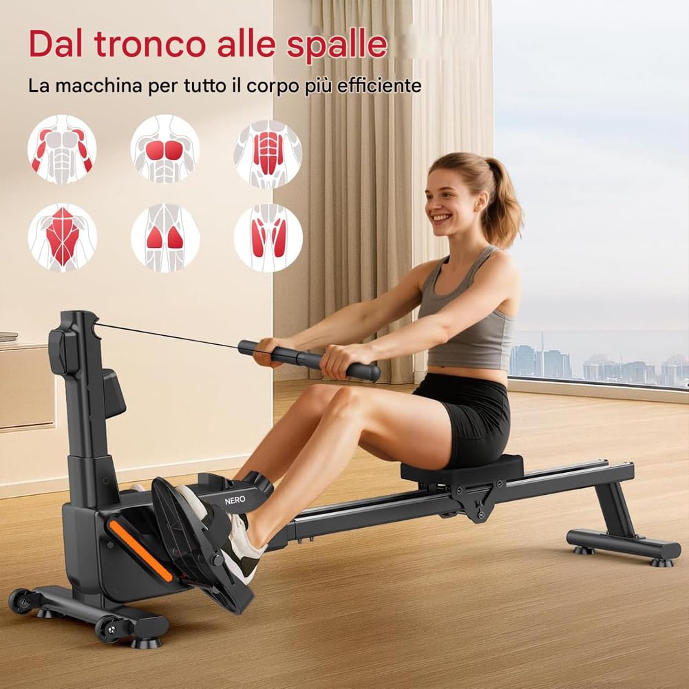 BAKAJI Vogatore Pieghevole con 8 Livelli di Resistenza e Sistema di Chiusura Salvaspazio e Spostamento con Rotelle Ergonomiche, Rematore Silenzioso da Palestra Fitness Home Gym per Cardio