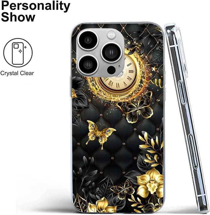 Miniatura 2 de Funda compatible con iPhone 12iPhone 12 Pro  Hermoso reloj de mariposa con diseño de flores doradas, TPU suave, elegante, delgada, funda protectora
