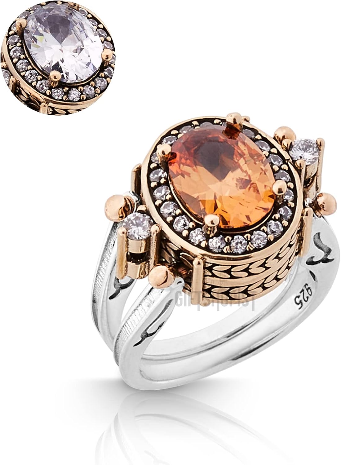 Elegant Reversible 925 Sterling Silver Ring for Women Jewelry - Handcrafted in Turkey, Featuring Oval Cut Champagne Honey and White Topaz 925 Sterling Silver Ladie's Ring All Size