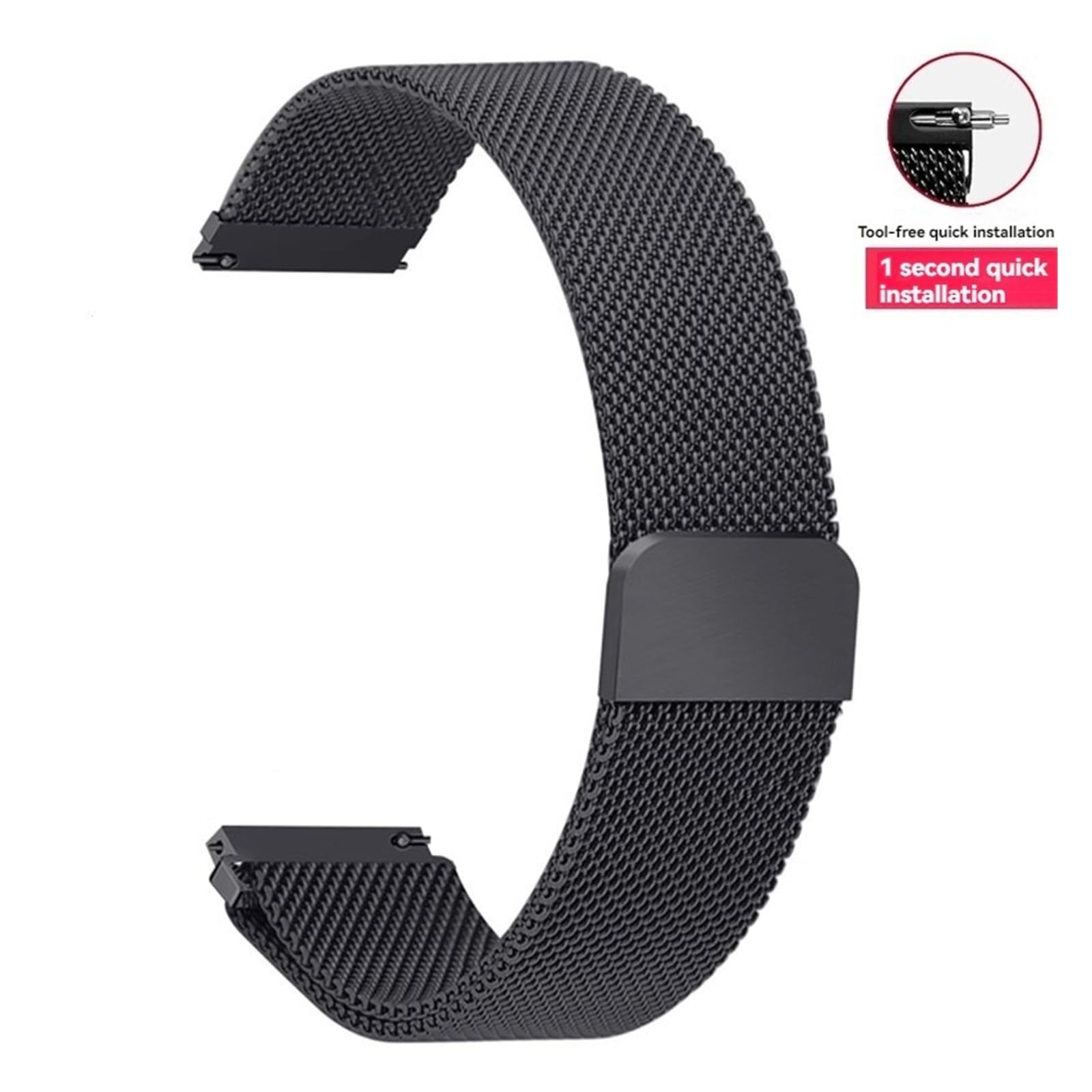 Bracelet de montre magnétique milanais en acier inoxydable à dégagement rapide pour DW Longines Casio Tissot Huawei Garmin Samsung Noir 20 mm de large