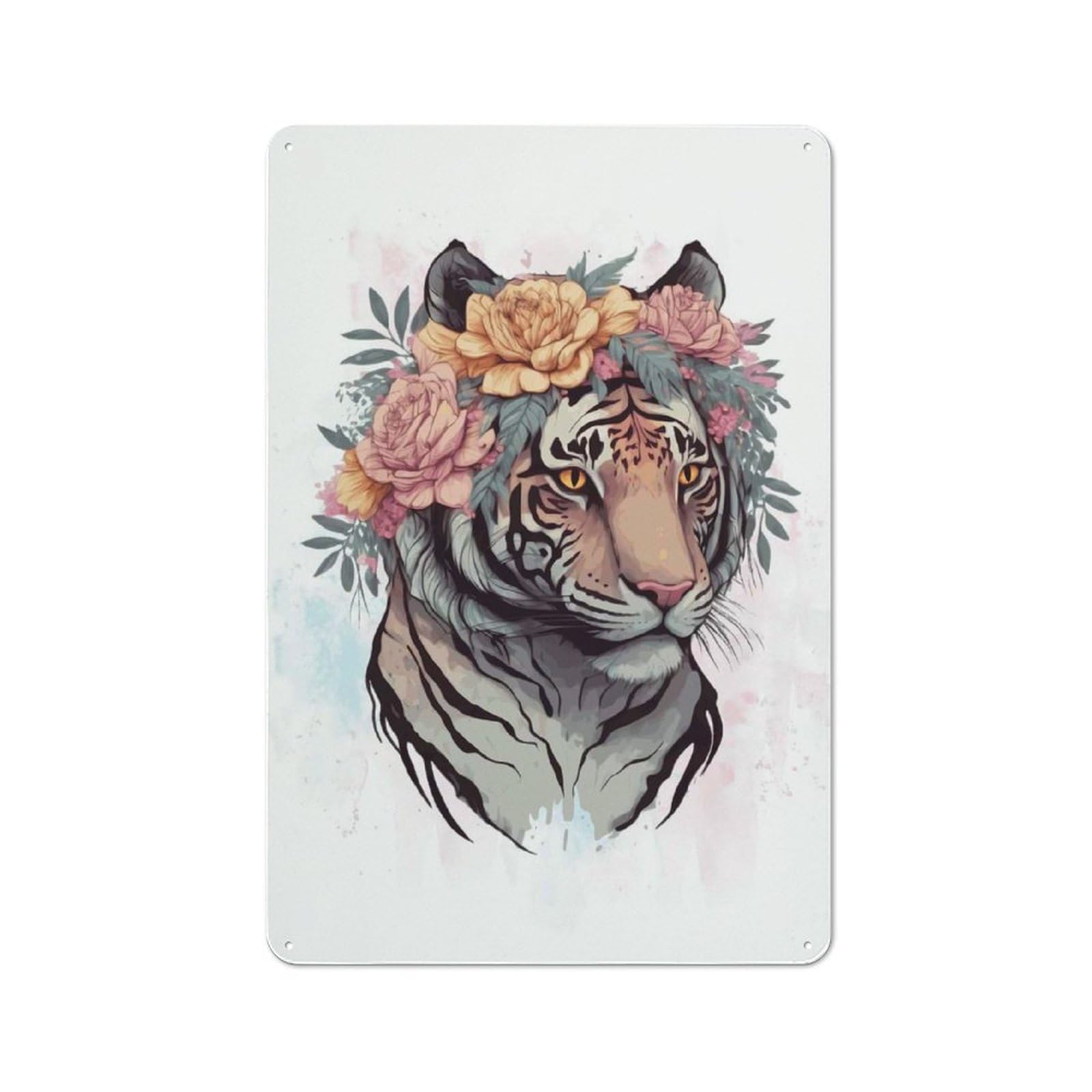 Junmoney Style Industrial Tin Wall Sign 30X20cm Featuring Flower Tiger Painting, Urban Room Decor For Workspace, Cafe, Hallway Or Garage
