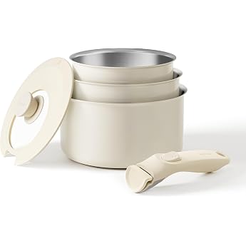 Redchef Saucepan Set with Removable Handles, 5-Piece Stainless Steel Pot Set, Uncoated 16/18/20 cm and 3-in-1 Locking Lid, In
