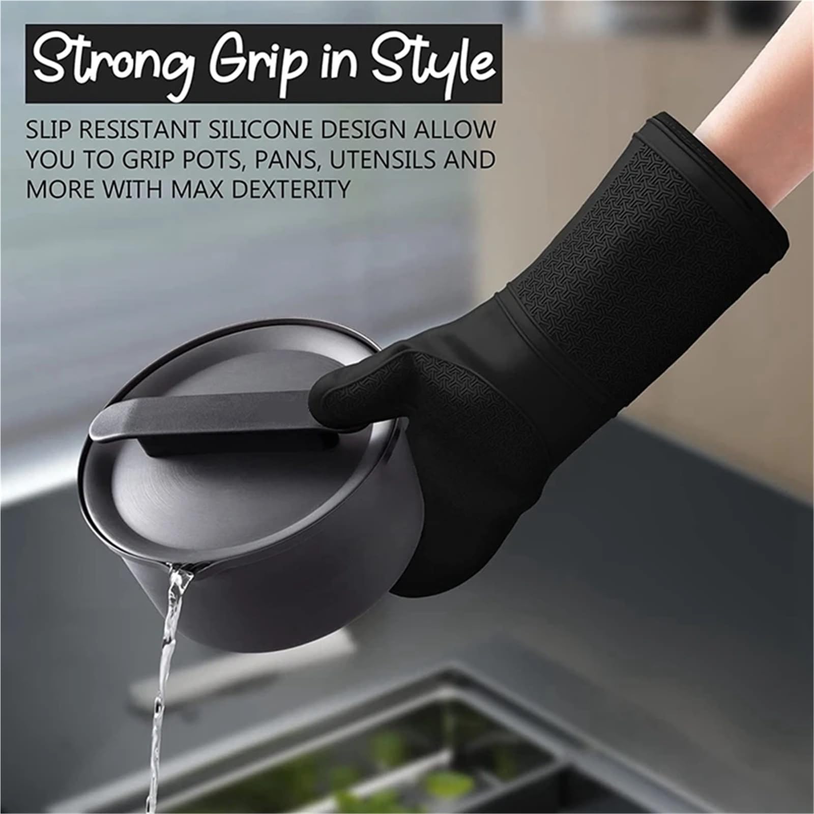 Ofenhandschuhe Silikon-Ofenhandschuhe, Ofenhandschuhe, hitzebeständig, weiches Futter, Ofenhandschuhe-Set(Black)