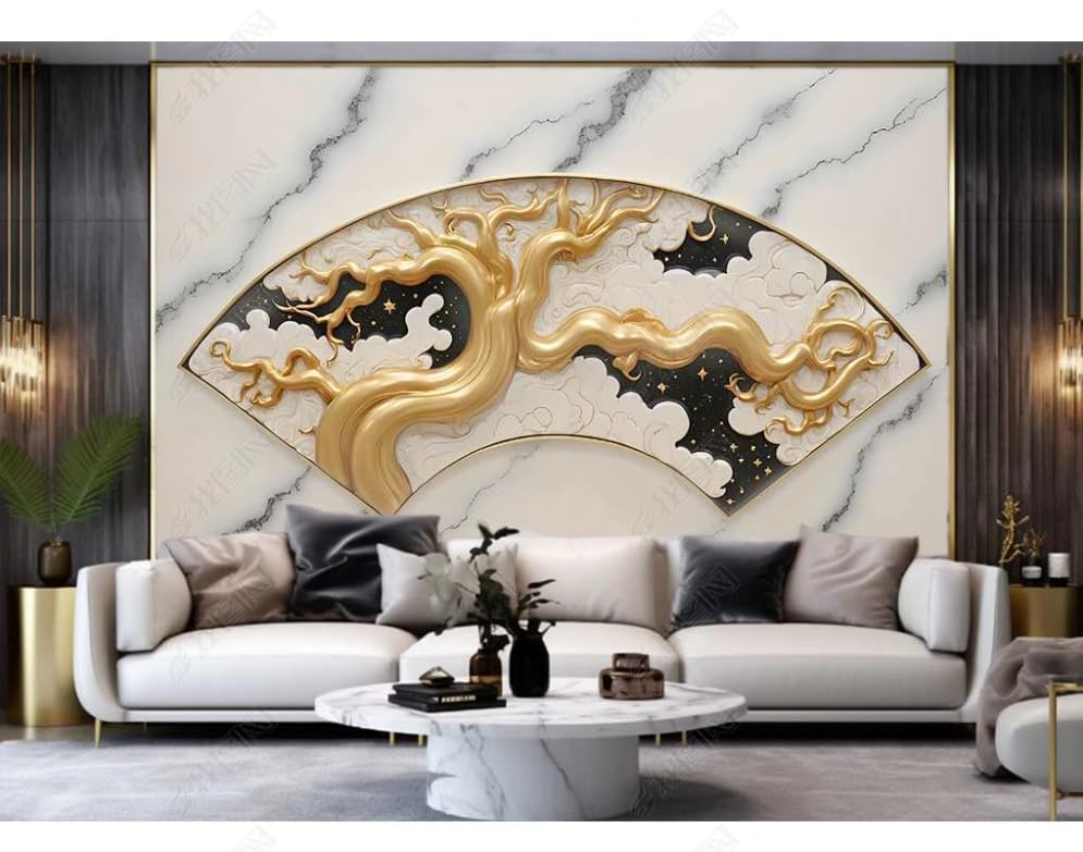 Papier peint panoramique arbre doré tapisserie photo salon moderne marbre 150x105cm