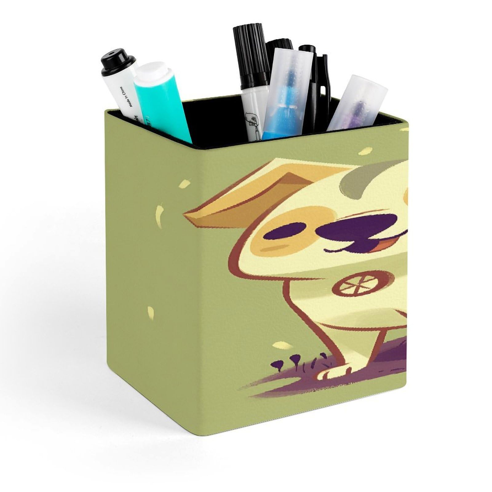 JTREHY Cartoon Puppy Pen Holder Square Pen Pencil Holder Makeup Brush Holders Cup PU Leather Pencil Cups Desktop Caddy Stationery Organizer Case Office Accessories Container Box