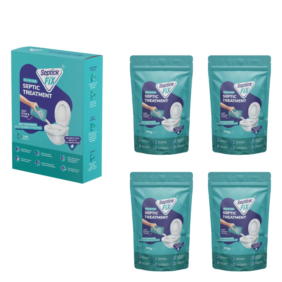 Septic Tank Cleaning Powder | 10X Powerful | (250x4) 1KG | Septic Tank Bacteria Reduces Sludge Build-Up | Breaks Down Human Waste | Odour Removal Formula Septic Tank Treatment Powder