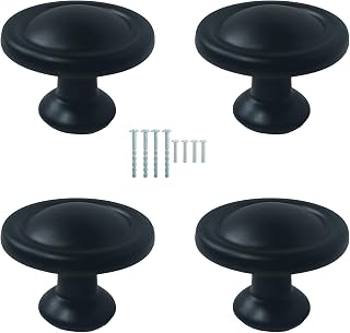 Matte Black Round Kitchen Cabinet Knobs,Zinc Solid Drawer Pulls,Cabinet Handles for Cupboard, Dresser, Closet and Bathroom, Modern Cabinet Hardware for Cabinets 4 PCS