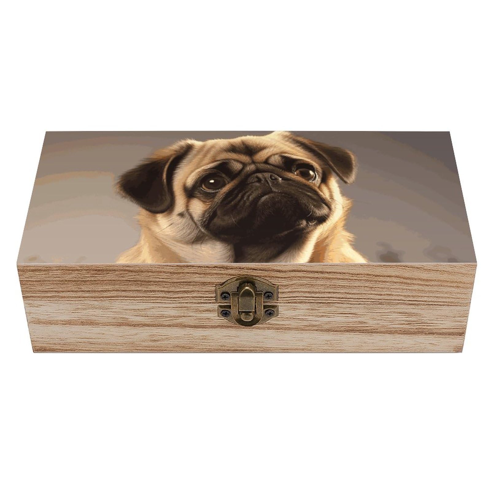 Cute Pug Dog Wooden Storage Box Exquisite Durable Wood Gift Case Sturdy Vintage Jewelry Wooden Chest for Art Hobbies Storage Keepsake Gift