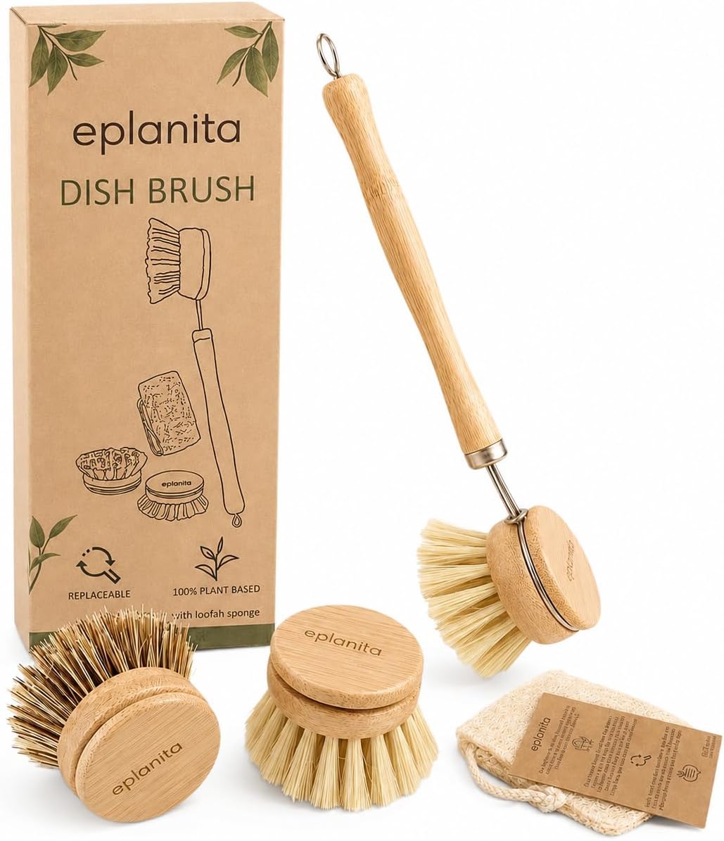eplanita Natural Dish Brush, 3 Replacement Heads, Kitchen Eco Bamboo Scrubber Brushes, Extra Plant Sponge, Plastic Free Washing Up, Zero Waste Cleaning