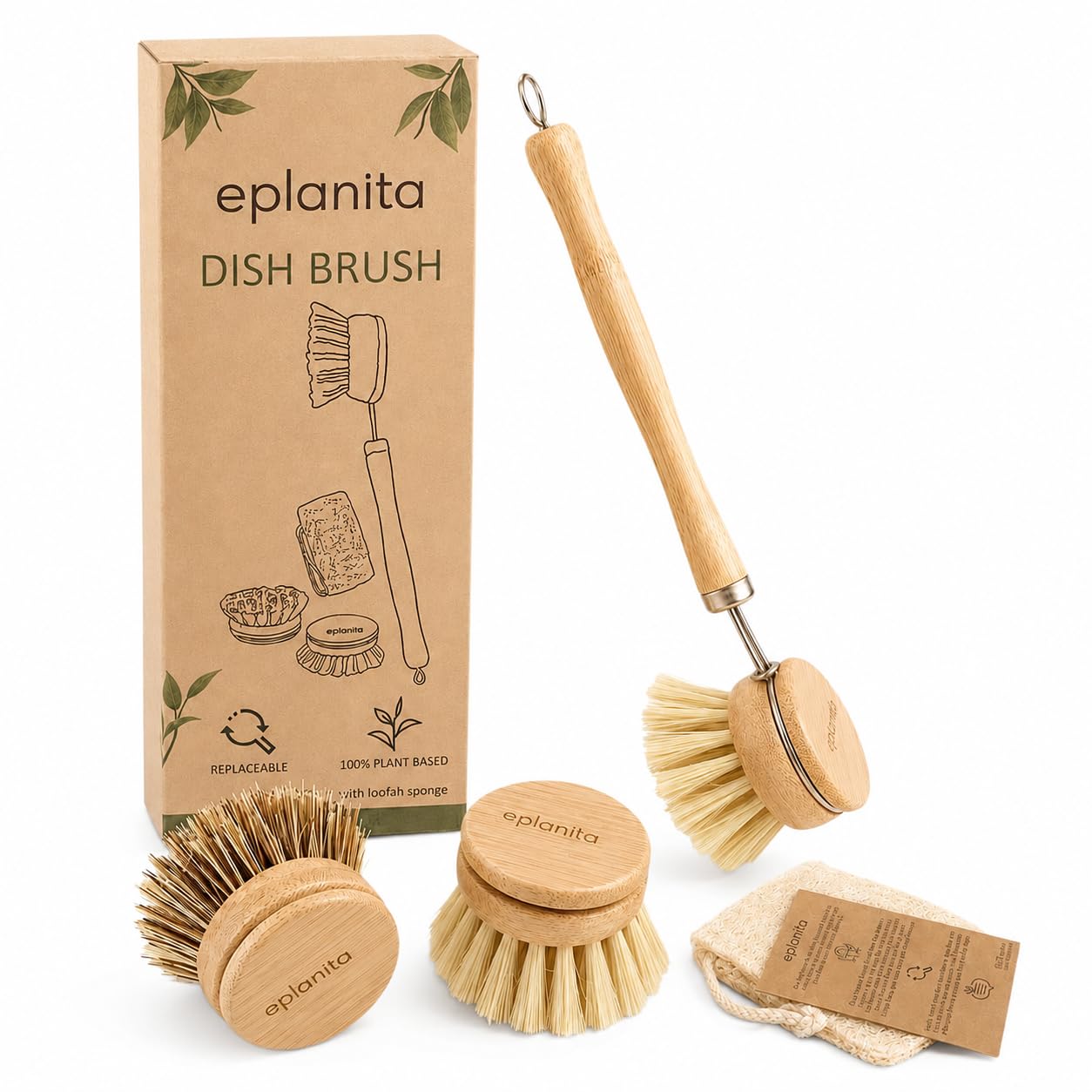 eplanita Cepillo de Vajilla Natural Bambú Ecológico 3 Cabezales Recambio Esponja Vegetal Extra