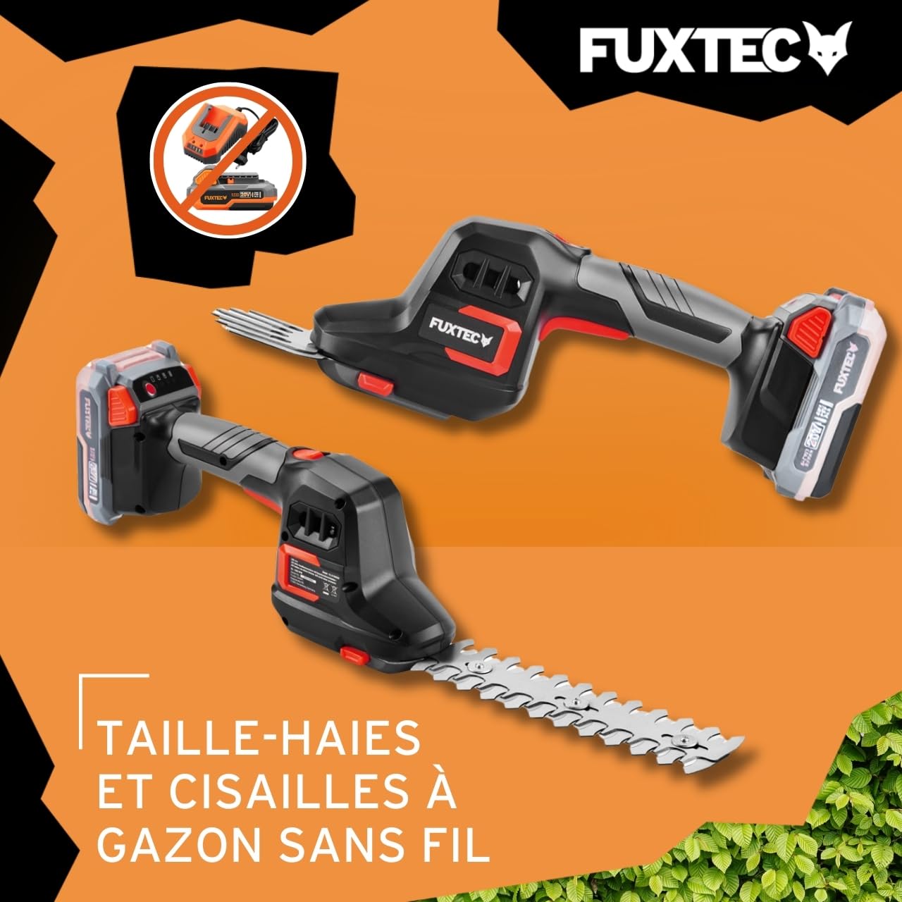 FUXTEC Taille-Haies Manuel sur Batterie 20V FX-E1HHS20-0,67Kg de Poids, Taille de Guide de 20cm, diamètre de 10,5cm, densité Max. de Branches 7,8mm