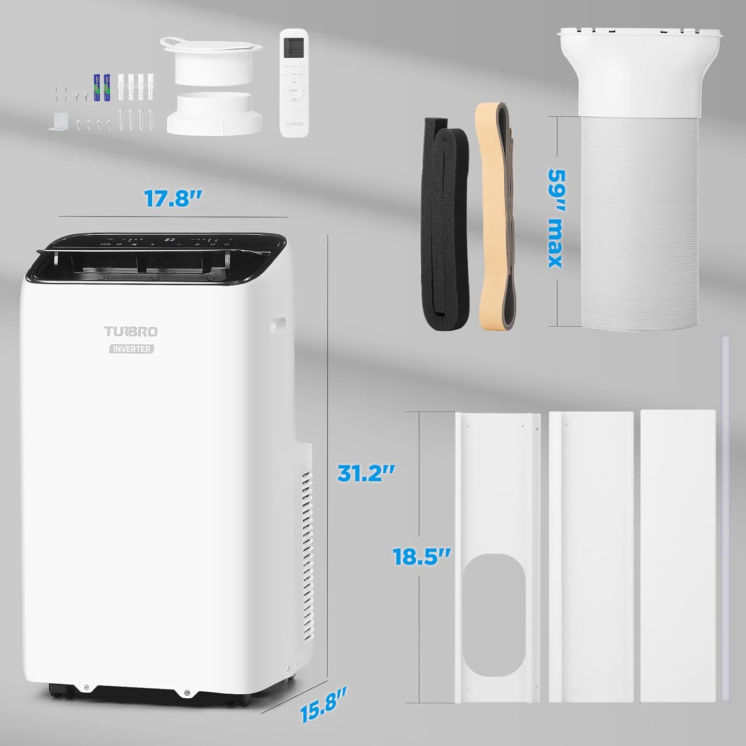 TURBRO Greenland 14,000 BTU Inverter Portable Air Conditioner, High Efficiency, Quiet Operation, Cools Up to 600 Sq. Ft., Dehumidifier & Fan, with Remote, WiFi, and Alexa/Google Assistant