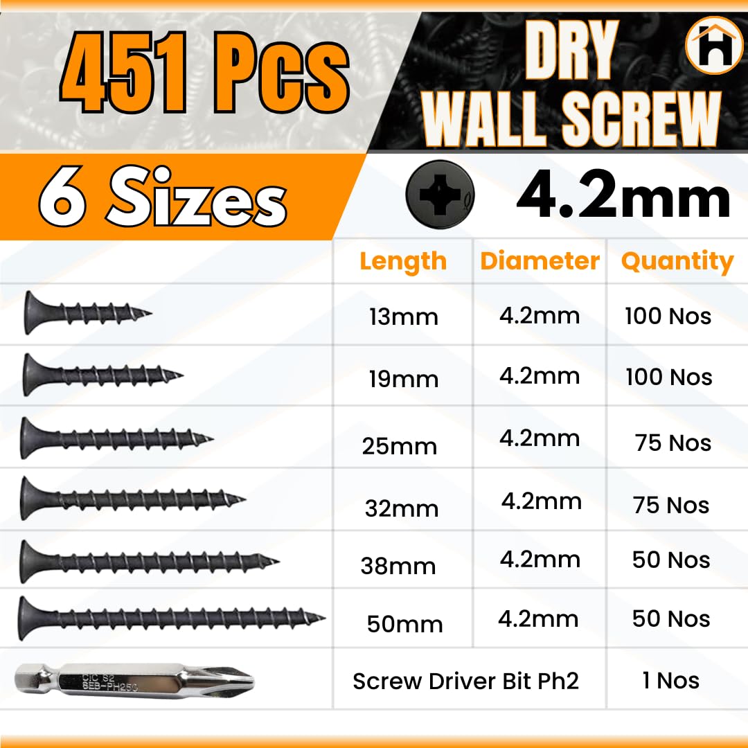 Homdum Assorted Black Dry Wall Screws 6 Sizes (13 mm to 50 mm) + Ph Bit 1 nos, (Pack of 451 Pieces) - Image 3 thumbnail