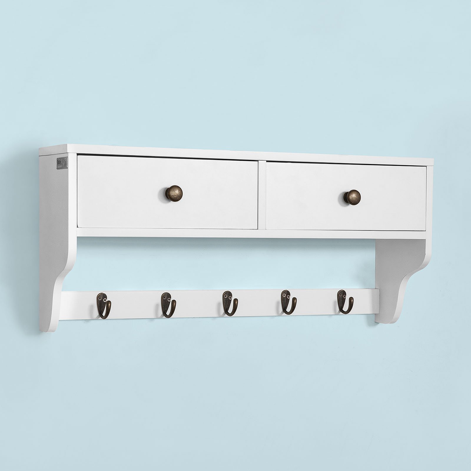 SoBuy Portachiavi da parete con 5 ganci 60x14x27cm per ingresso | Appendini da muro in MDF con 2 cassetti e 5 ganci, carico 5kg per ripiano, bianco FRG178-W