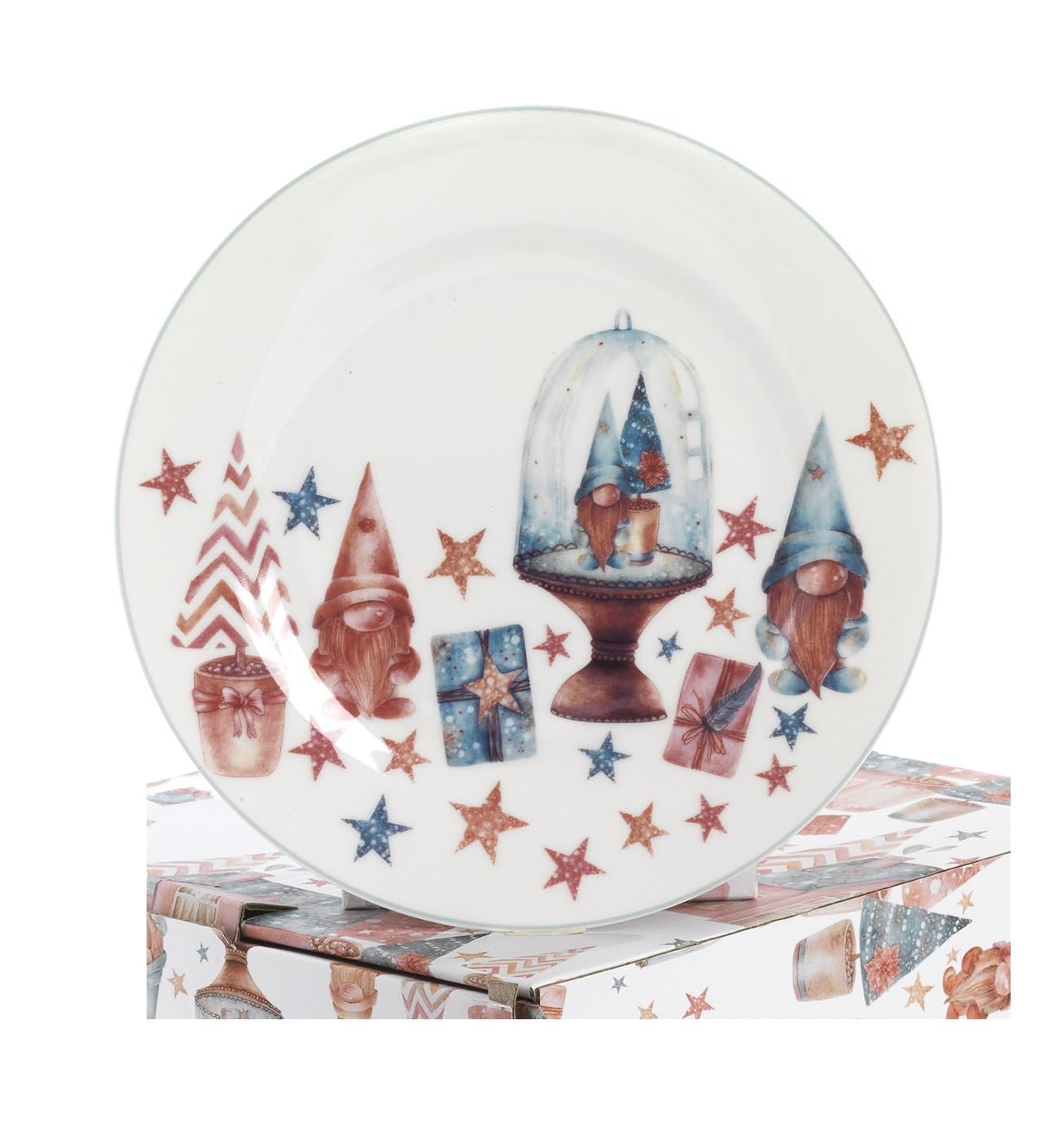 Servicio de platos navideño de 18 piezas con tema de Navidad en porcelana de autor Nàvel 6 fondos Ø 21,6 cm, 6 platos Ø 21,6 cm y 6 platos Ø 26,7 cm con elegante caja litografiada